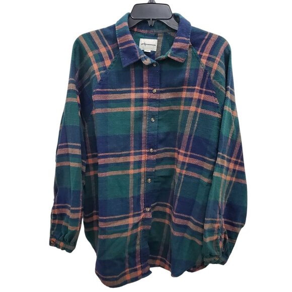 American Eagle Women's Green Orange Plaid Soft Flannel Cotton LS Button Up Top L - Picture 1 of 8